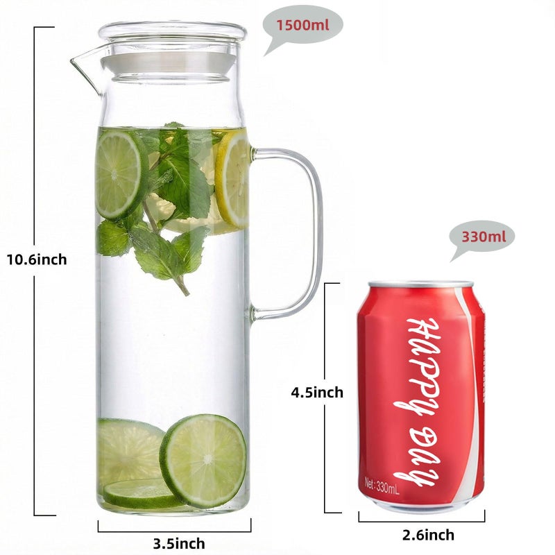 hjn Glass Pitcher with Lid Glass Water Carafe with Handle, Fridge Water Jug Cold or Hot Beverages, Iced Tea, Milk, Juice 1500ml/51oz & glass lid - Image 4